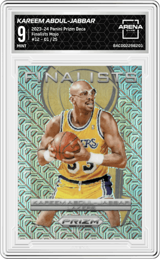 Kareem Abdul-Jabbar from the 2023-24 Panini Prizm Deca set featuring a Mojo Prizm parallel graded by Arena Club and given an overall grade of 9.