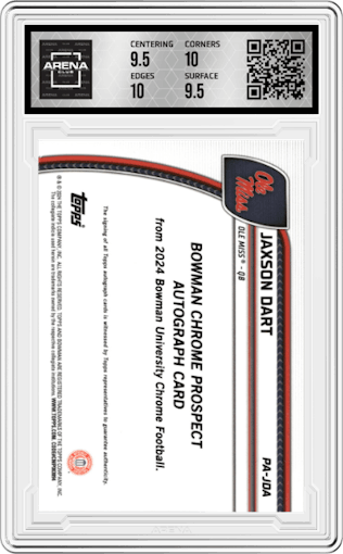 Jaxson Dart from the 2024 Bowman University Chrome set featuring a Gold Refractor parallel graded by Arena Club and given an overall grade of 10.