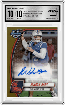 Jaxson Dart from the 2024 Bowman University Chrome set featuring a Gold Refractor parallel graded by Arena Club and given an overall grade of 10.