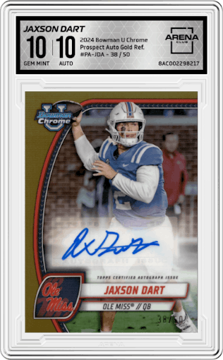 Jaxson Dart from the 2024 Bowman University Chrome set featuring a Gold Refractor parallel graded by Arena Club and given an overall grade of 10.