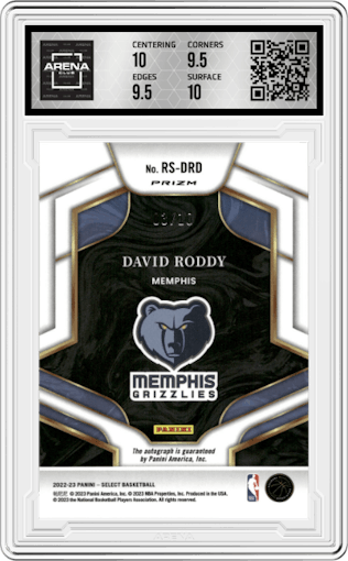 David Roddy from the 2022-23 Panini Select set featuring a Gold Disco parallel graded by Arena Club and given an overall grade of 10.