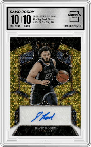 David Roddy from the 2022-23 Panini Select set featuring a Gold Disco parallel graded by Arena Club and given an overall grade of 10.