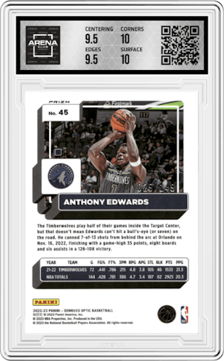 Anthony Edwards from the 2022-23 Panini Donruss Optic  set featuring a Lime Green parallel graded by Arena Club and given an overall grade of 10.