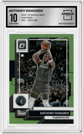 Anthony Edwards from the 2022-23 Panini Donruss Optic  set featuring a Lime Green parallel graded by Arena Club and given an overall grade of 10.