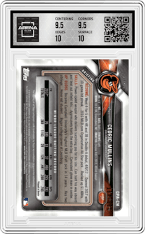 Cedric Mullins from the 2018 Bowman set featuring a Purple Refractor  parallel graded by Arena Club and given an overall grade of 10.