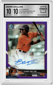 Cedric Mullins from the 2018 Bowman set featuring a Purple Refractor  parallel graded by Arena Club and given an overall grade of 10.