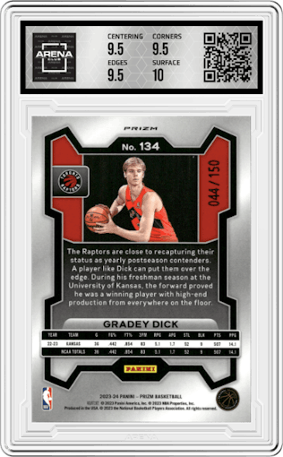 Gradey Dick from the 2023-24 Panini Prizm set featuring a Fast Break Blue Prizm parallel graded by Arena Club and given an overall grade of 10.