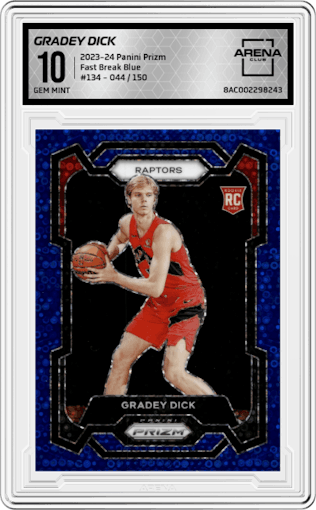 Gradey Dick from the 2023-24 Panini Prizm set featuring a Fast Break Blue Prizm parallel graded by Arena Club and given an overall grade of 10.