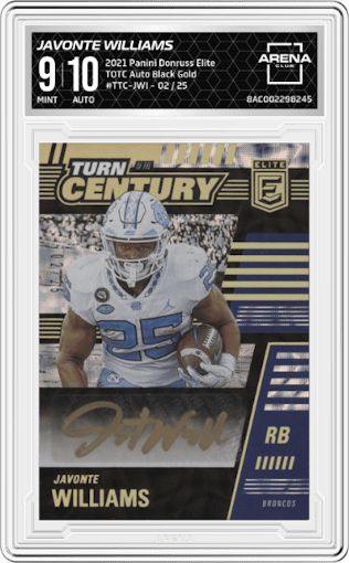 Javonte Williams from the 2021 Panini Donruss Elite set featuring a Black Gold parallel graded by Arena Club and given an overall grade of 9.