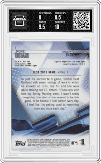 Shohei Ohtani from the 2018 Bowman’s Best set graded by Arena Club and given an overall grade of 9.5.