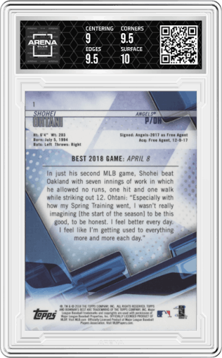 Shohei Ohtani from the 2018 Bowman’s Best set graded by Arena Club and given an overall grade of 9.5.