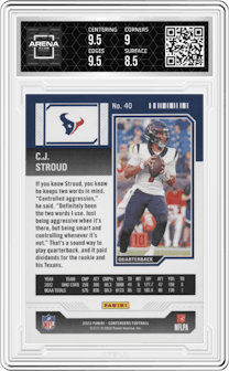 C.J. Stroud from the 2023 Panini Contenders set featuring a Divisional Ticket parallel graded by Arena Club and given an overall grade of 9.