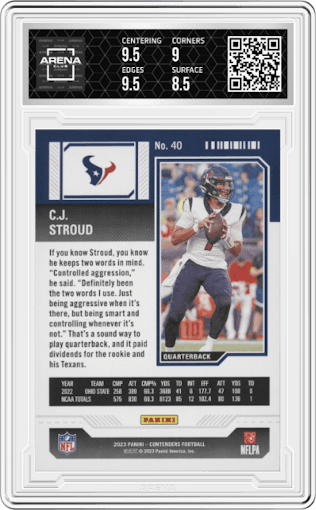 C.J. Stroud from the 2023 Panini Contenders set featuring a Divisional Ticket parallel graded by Arena Club and given an overall grade of 9.