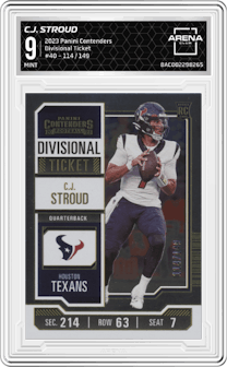 C.J. Stroud from the 2023 Panini Contenders set featuring a Divisional Ticket parallel graded by Arena Club and given an overall grade of 9.