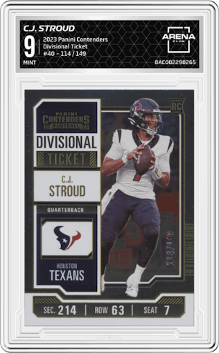 C.J. Stroud from the 2023 Panini Contenders set featuring a Divisional Ticket parallel graded by Arena Club and given an overall grade of 9.
