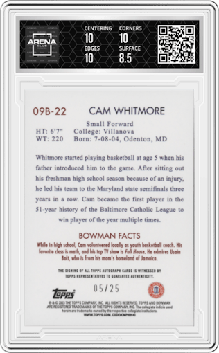 Cam Whitmore from the 2022-23 Bowman University Chrome set featuring a Orange parallel graded by Arena Club and given an overall grade of 9.