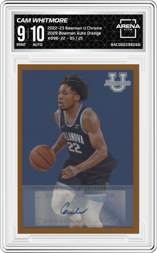 Cam Whitmore from the 2022-23 Bowman University Chrome set featuring a Orange parallel graded by Arena Club and given an overall grade of 9.
