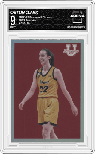 Caitlin Clark from the 2022-23 Bowman University Chrome set graded by Arena Club and given an overall grade of 9.