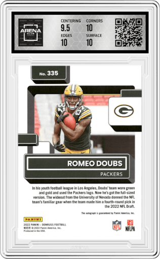 Romeo Doubs from the 2022 Panini Donruss set graded by Arena Club and given an overall grade of 10.