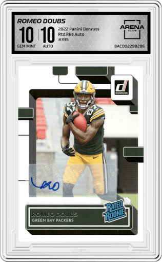 Romeo Doubs from the 2022 Panini Donruss set graded by Arena Club and given an overall grade of 10.