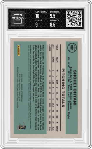 Shohei Ohtani from the 2018 Panini Donruss Optic set graded by Arena Club and given an overall grade of 9.