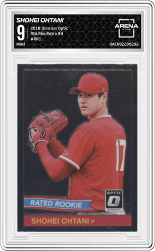 Shohei Ohtani from the 2018 Panini Donruss Optic set graded by Arena Club and given an overall grade of 9.