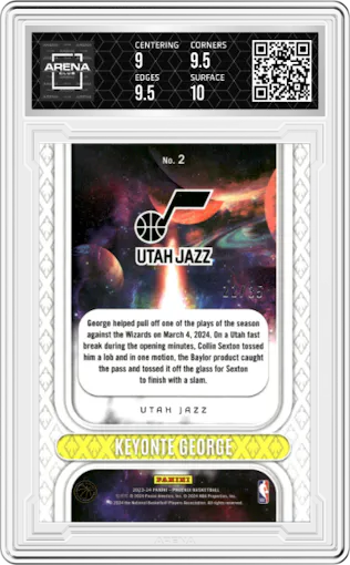 Keyonte George from the 2023-24 Panini Phoenix set featuring a International Blue parallel graded by Arena Club and given an overall grade of 9.5.