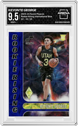 Keyonte George from the 2023-24 Panini Phoenix set featuring a International Blue parallel graded by Arena Club and given an overall grade of 9.5.