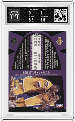 Kobe Bryant from the 1997 SPx set graded by Arena Club and given an overall grade of 8.5.