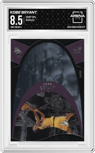 Kobe Bryant from the 1997 SPx set graded by Arena Club and given an overall grade of 8.5.