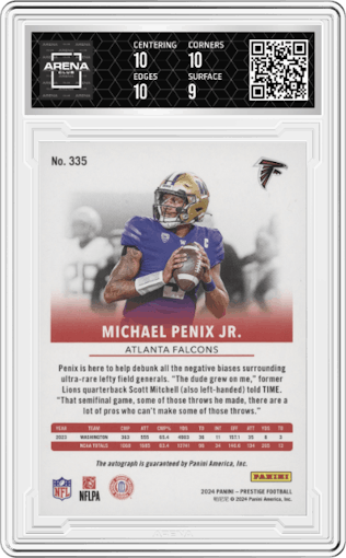 Michael Penix Jr. from the 2024 Panini Prestige  set graded by Arena Club and given an overall grade of 9.5.