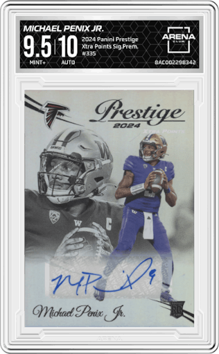 Michael Penix Jr. from the 2024 Panini Prestige  set graded by Arena Club and given an overall grade of 9.5.