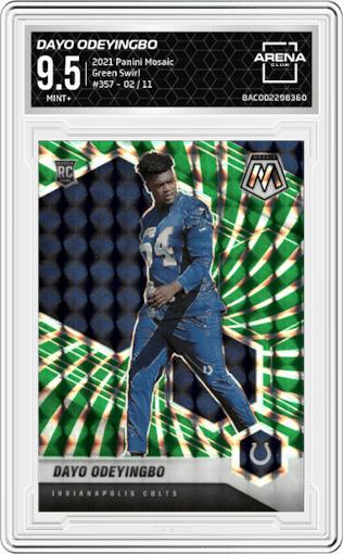Dayo Odeyingbo from the 2021 Panini Mosaic set featuring a Green Swirl parallel graded by Arena Club and given an overall grade of 9.5.