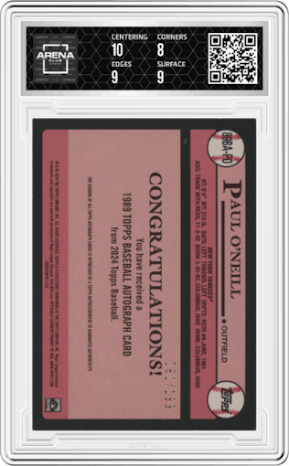 Paul O'Neill from the 2024 Topps  set featuring a Black parallel graded by Arena Club and given an overall grade of 8.5.