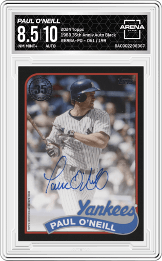 Paul O'Neill from the 2024 Topps  set featuring a Black parallel graded by Arena Club and given an overall grade of 8.5.