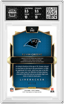 Kevin Greene from the 2016 Panini Select set featuring a Gold Prizm parallel graded by Arena Club and given an overall grade of 9.