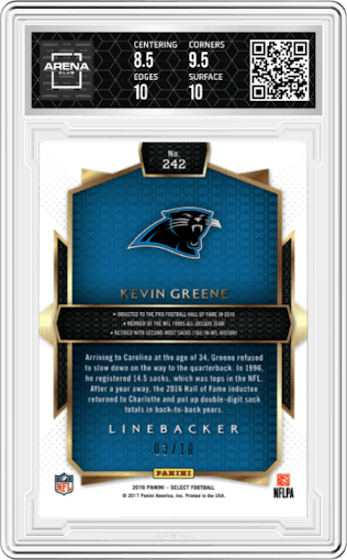 Kevin Greene from the 2016 Panini Select set featuring a Gold Prizm parallel graded by Arena Club and given an overall grade of 9.