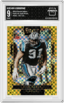 Kevin Greene from the 2016 Panini Select set featuring a Gold Prizm parallel graded by Arena Club and given an overall grade of 9.