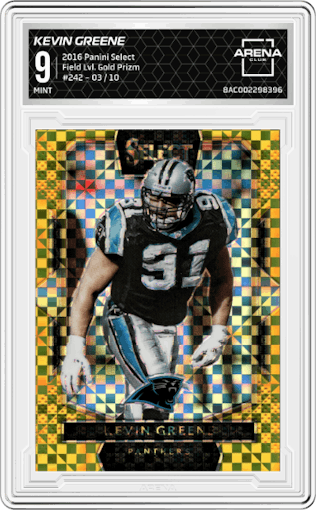 Kevin Greene from the 2016 Panini Select set featuring a Gold Prizm parallel graded by Arena Club and given an overall grade of 9.