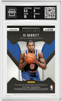 RJ Barrett from the 2019-20 Panini Prizm set featuring a Choice parallel graded by Arena Club and given an overall grade of 9.5.
