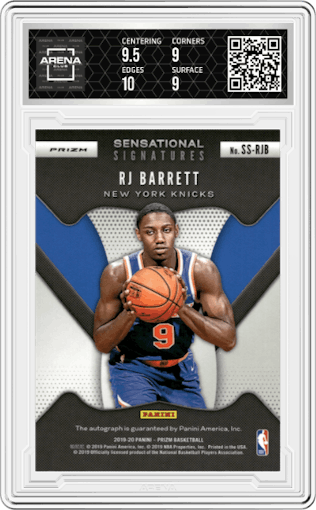 RJ Barrett from the 2019-20 Panini Prizm set featuring a Choice parallel graded by Arena Club and given an overall grade of 9.5.