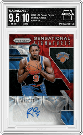 RJ Barrett from the 2019-20 Panini Prizm set featuring a Choice parallel graded by Arena Club and given an overall grade of 9.5.