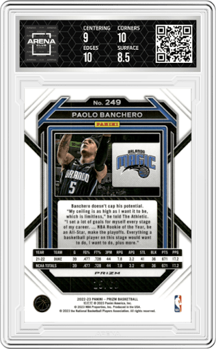 Paolo Banchero from the 2022-23 Panini Prizm  set featuring a Orange Wave parallel graded by Arena Club and given an overall grade of 9.