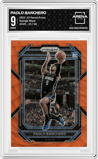 Paolo Banchero from the 2022-23 Panini Prizm  set featuring a Orange Wave parallel graded by Arena Club and given an overall grade of 9.