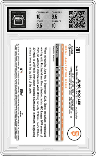 Jung Hoo Lee from the 2024 Topps Chrome set featuring a Aqua Raywave Refractor parallel graded by Arena Club and given an overall grade of 10.
