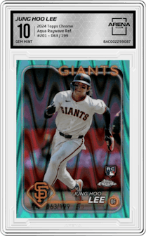 Jung Hoo Lee from the 2024 Topps Chrome set featuring a Aqua Raywave Refractor parallel graded by Arena Club and given an overall grade of 10.