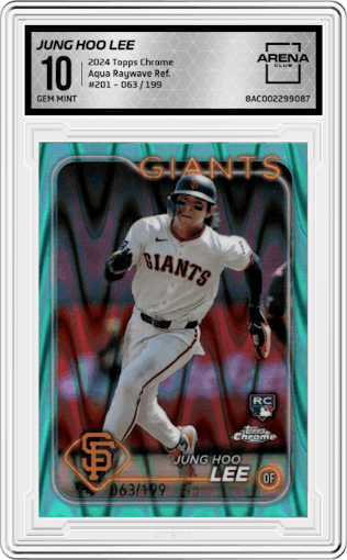 Jung Hoo Lee from the 2024 Topps Chrome set featuring a Aqua Raywave Refractor parallel graded by Arena Club and given an overall grade of 10.