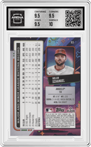 Nolan Schanuel from the 2024 Topps Cosmic Chrome set featuring a Orange Galactic Refractor parallel graded by Arena Club and given an overall grade of 10.