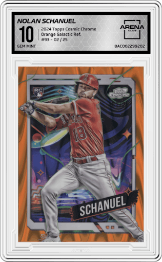 Nolan Schanuel from the 2024 Topps Cosmic Chrome set featuring a Orange Galactic Refractor parallel graded by Arena Club and given an overall grade of 10.