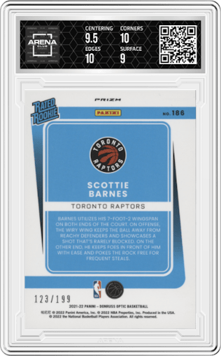 Scottie Barnes from the 2021-22 Panini Donruss Optic set featuring a Orange parallel graded by Arena Club and given an overall grade of 9.5.